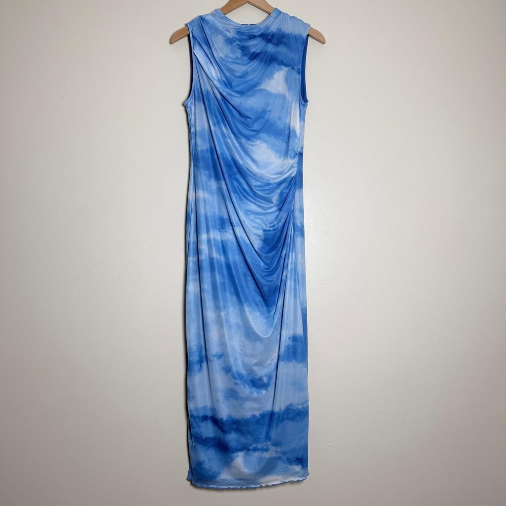PrettyGarden Womens Dress Large Blue Cloud Print Ruched Mesh Sleeveless Maxi Y2K